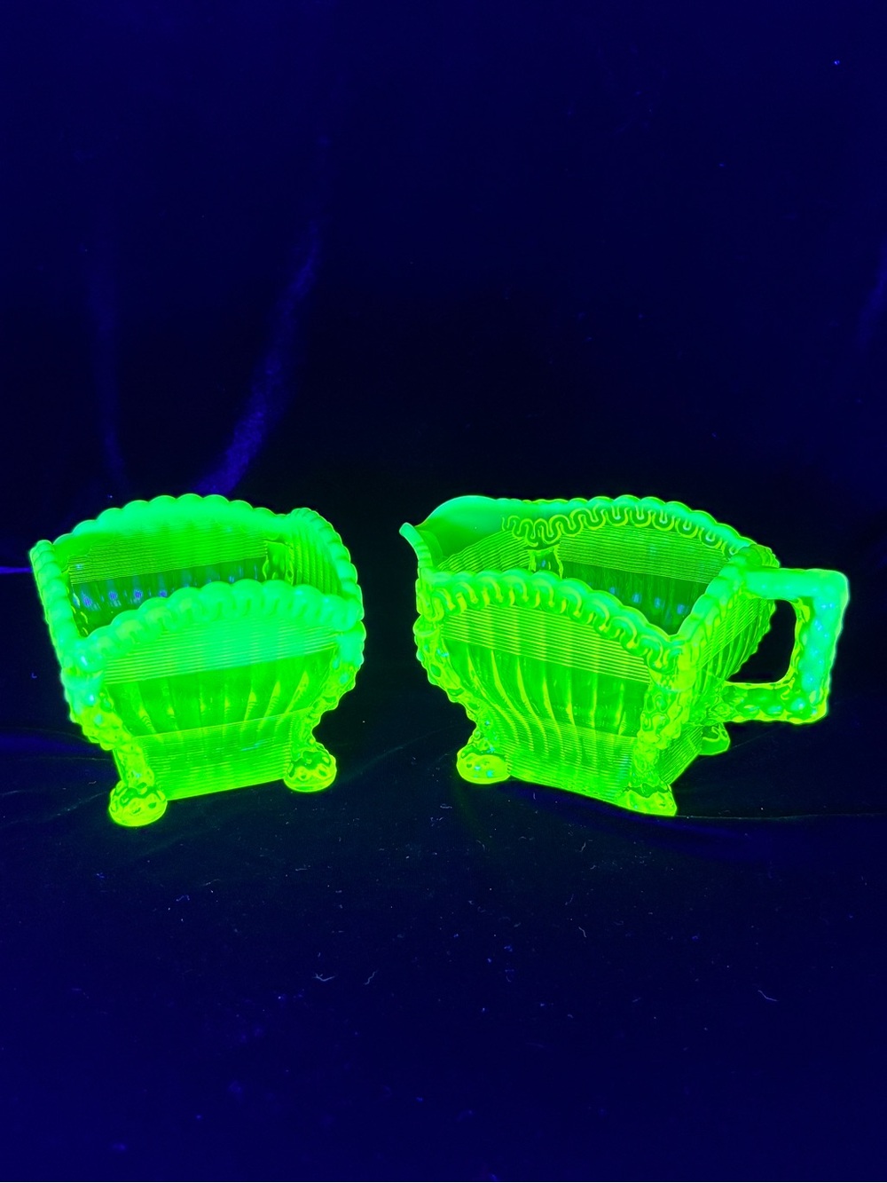 Antique Northwood Opalescent Vaseline Glass Creamer And Spooner Set